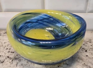 5" vtg double wall art glass blue and yellow swirl bowl, Excellent Condition; - Picture 1 of 5