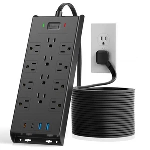 Flachstecker Steckdosenleiste 10 Fuß lang Verlängerungskabel Überspannungsschutz, 12 Steckdosen 2 USB - Bild 1 von 7