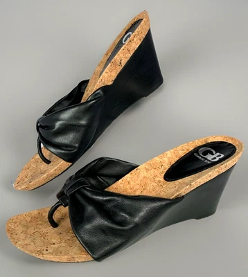 Gianni Bini Womens Black Leather Sandal Cork Wedge Knotted Band Mule Slides, 10 - Image 1 of 4