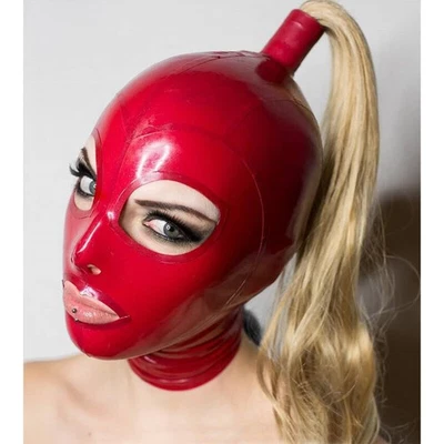 Latex Hood with Blond Pigtail Back Zipper Rubber Mask with Golden Wig Cosplay - Image 1 of 4