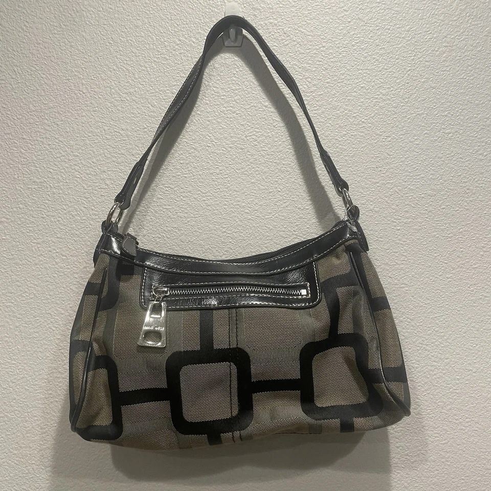 Y2K Nine West Shoulder Bag Purse Mod Geometric Square Monogram Black Taupe 2000s - Image 1 of 4