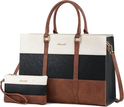 Leather Laptop Bag 15.6 Inch Waterproof Tote Handbag with Clutch for Women - Image 1 of 4