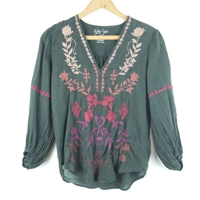Top Kyla Seo XS Boho Popover Bordado Algodón Gasa Hippy Campesino Calce Relajado Foto 1 de 4