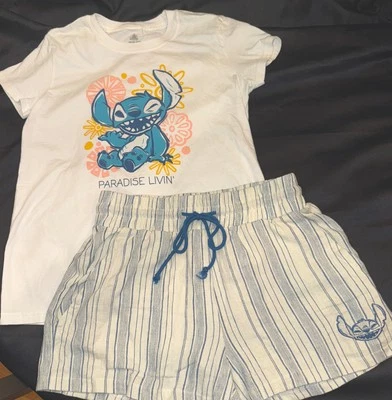 Juego corto de salón Disney Parks Stitch a rayas azul/marfil para mujer pequeño lino Foto 1 de 4