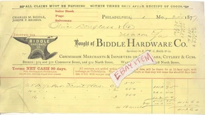 1877 PHILADELPHIA PENNSYLVANIA CHARLES BIDDLE HARDWARE BILLHEAD JOSEPH BROSIUS - Picture 1 of 1