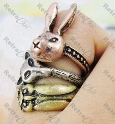 3 ANIMAL RINGS vintage brass RABBIT/FOX/OWL antique copper KITSCH RING silver ox - Image 1 of 3