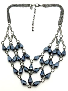 VERA WANG Dark Blue Crystal Bead Chainmail Bib Necklace Faceted 18" - 20" - Picture 1 of 9