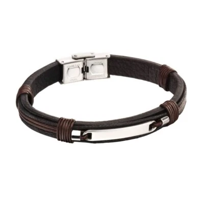Fred Bennett ID Bar Black Leather Bracelet with Brown Cord Free Engraving B5124 - Image 1 of 4