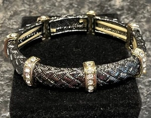 Black Metal Criss Cross 7” Stretch Bracelet w/Gold Tone & Rhinestone Accents - Picture 1 of 4