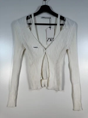Nuevo con etiquetas Cárdigan Suéter Tejido Acanalado Manga Larga Blanco Talla L 12.5x20 Zara Mujer Foto 1 de 4