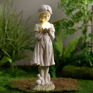 Girl Holding LED Pearl Garden Statue Solar Lighted Resin Sculpture Yard Decor - Picture 1 of 10