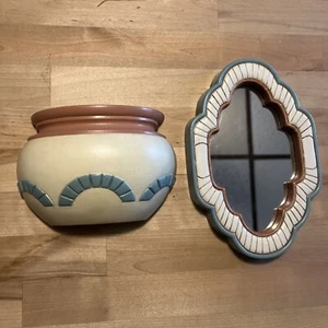 2 Southwest PCS Mirror & Terracotta Wall Pocket Pot Decor Cacti Blue Green Teal - Picture 1 of 12