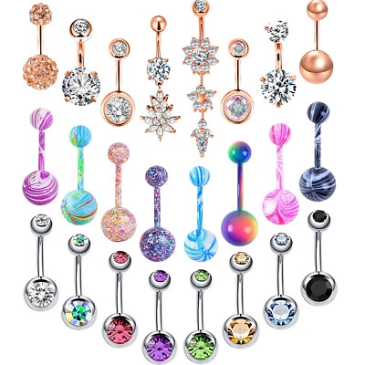 3-12Pcs Belly Button Ring Surgical Steel Navel Ring Curved Barbell for Women 14G - Image 1 of 4