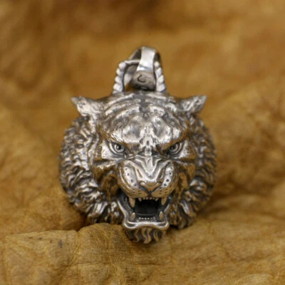 Dijes colgantes de plata esterlina 925 rey del tigre joyería animal TA397A M talla GC Foto 1 de 4