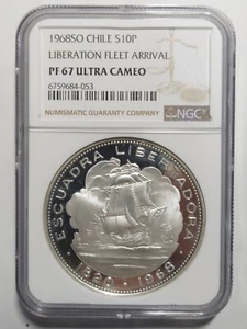 Chile 10 Pesos Liberation Fleet Arrival, 1968 SO, NGC PF 67 Ultra Cameo - Picture 1 of 3