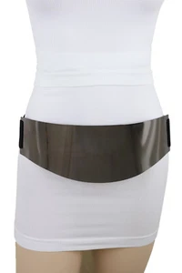 Women Black Stretch Cute Belt Wide Pewter Plate Metal Buckle Adjustable Size S M - Picture 1 of 23