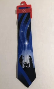 Neu mit Etikett maßgeschneiderte Herrenkrawatte Weihnachtskrippe und Weihnachtsstern blau Heilige Familie - Bild 1 von 6