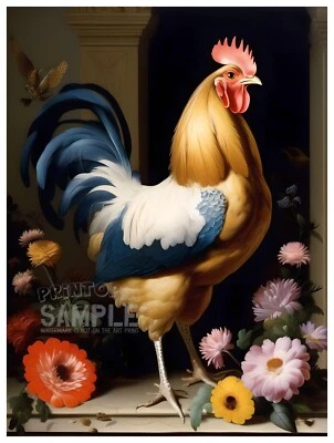 Chicken Rooster Blue + Flowers * Quality Print * FRAME ME * Franz Xaver Petter - Image 1 of 4