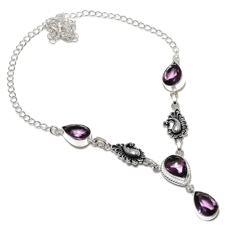 Purple Amethyst Gemstone Handmade 925 Sterling Silver Jwelery  Necklace Sz 18'' - Image 1 of 1