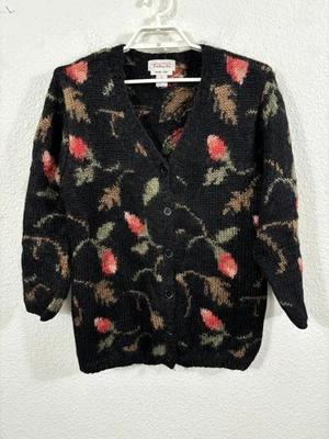 Suéter Talbots Mujer Pequeño Negro Tejido a Mano Mohair Rosa Floral Cárdigan Difuso Foto 1 de 4