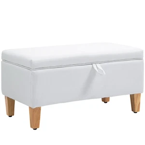 HOMCOM Linen Storage Ottoman Storage Box Footstool with Rubberwood Legs Cream - Picture 1 of 11