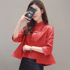Abrigo corto para mujer con cuello alto de cuero real manga 3/4 estilo chino ropa exterior talla - Imagen 1 de 22