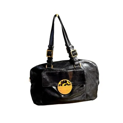 Bolsa satchel Tory Burch preta patenteada com destaque de casca de tartaruga - Imagem 1 de 4