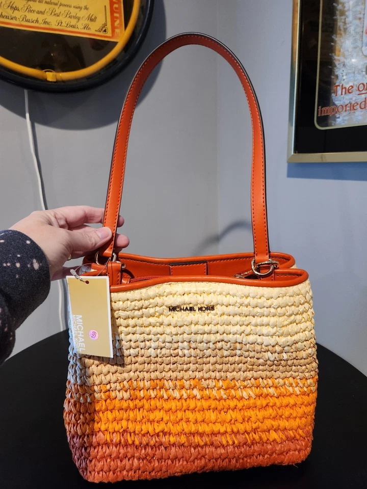 Michael Kors Pratt Women Medium Ombré Straw Bucket Shoulder Bag Red Clay NWT - Image 1 of 1