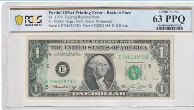 1974 $1 FRN Richmond Partial Offset Printing Error Back To Face PCGS 63 PPQ - Image 1 of 3