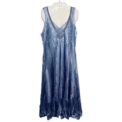 Komarov Dress Womens XL USA Made Blue Crinkle Fairy Feminine Beaded Midi *Read - Image 1 of 4