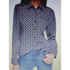 KARL LAGERFELD PARIS Women's Monogram Printed Utility Button Down Shirt Large - Picture 1 of 12