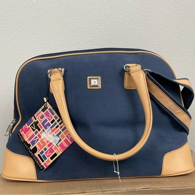 Diane Von Furstenberg Azul Marino Lona Cuero Borde! 9" Bolso de Embarque Nuevo con Etiquetas Foto 1 de 4
