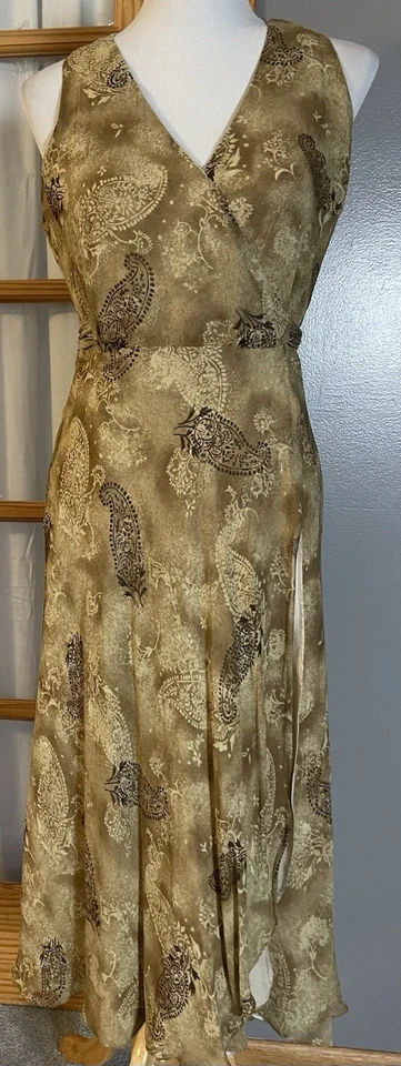 Vtg 80s Ralph Lauren Silk Wrap Dress Sz 8 Paisley Beige Midi Boho Whimsy Korea - Image 1 of 4