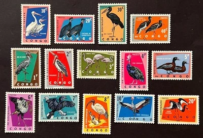 Sellos de viaje: estampillas de 1963 de la República Democrática del Congo Scott #429-442 Birds MOGH Foto 1 de 4