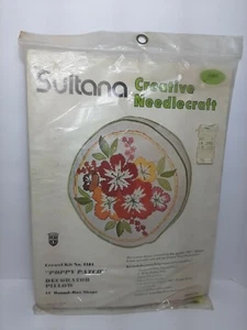 Vintage Sultana Crewel Embroidery Kit Poppy Round Box Pillow 14" #1184 - Picture 1 of 5