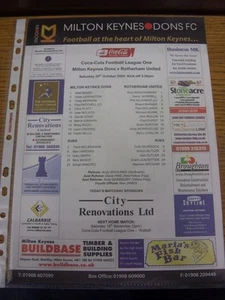 29/10/2005 Colour Teamsheet: Milton Keynes Dons v Rotherham United (folded). Tha - Picture 1 of 1
