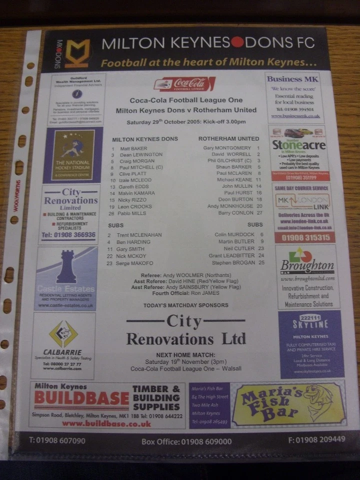 29/10/2005 Colour Teamsheet: Milton Keynes Dons v Rotherham United (folded). Tha - Image 1 of 1