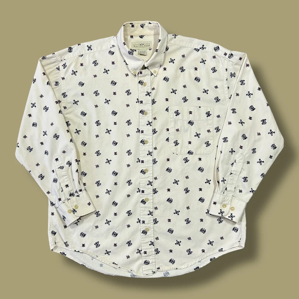Vtg Novelty Print Long Sleeve Button Down 90s Beige Cream Large - Image 1 of 4