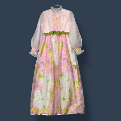 Vintage Womens 12 Maxi Dress 1960s SYLVIA ANN Floral Balloon Sleeve Hippy Pink - Image 1 of 4