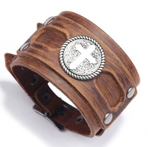Punk MEN/ Women Cross Vintage Wide Genuine Leather Wrist Band Bracelet 8-9.3"