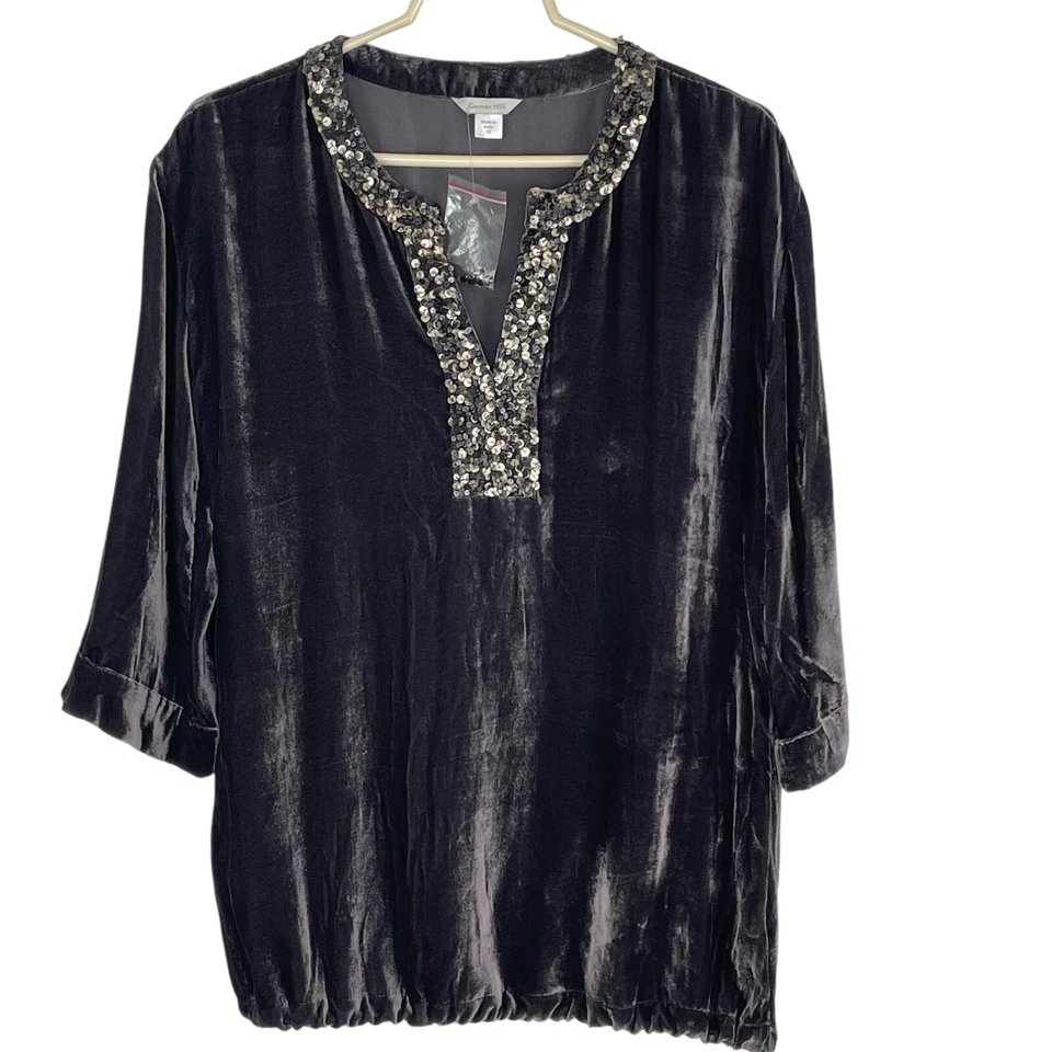 Garnet Hill Blouse Top NWOT Size 8 Velvet Sequin Embellished Tie Hem Gray — 第 1/4 张图片