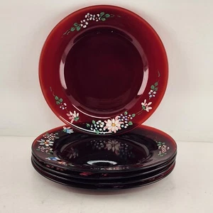 5 Fascination Ruby 8" Luncheon Plates by Fostoria with Hand Painted Flower Edges - Picture 1 of 5