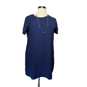 Lands End Dress Women's 1X Mini Short Sleeve Blue Embossed Pattern Cotton Blend - Picture 1 of 9