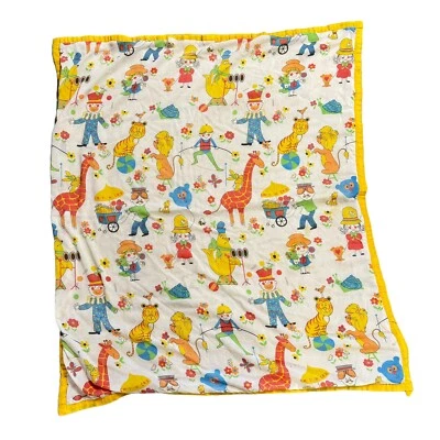 Manta Cuna Bebé De Colección Hecha a Mano Amarilla ANIMALES DE CIRCO Tema Niños Ropa de Cama DEFECTUOSA Foto 1 de 4