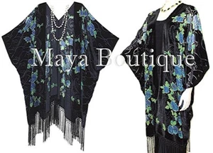 Tea Roses Caftan Kimono Burnout Velvet Black Blue USA Made Maya Matazaro - Picture 1 of 12