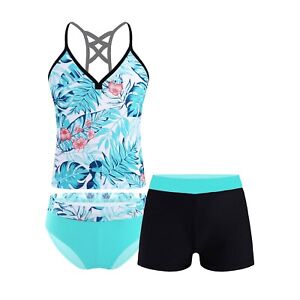 Girls Tankini Swimwear Floral Printed Swimsuit Camisole Tops+Shorts+Briefs Set