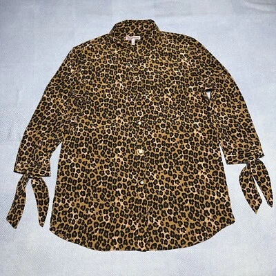 Blusa túnica Juicy Couture estampado de leopardo corbata de seda mangas 3/4 botones delanteros talla 0 Foto 1 de 4