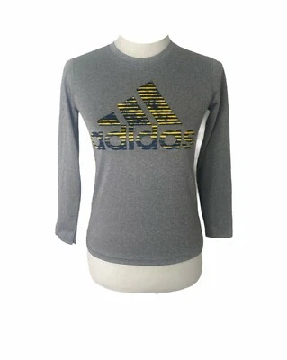 Мальчика маленькая рубашка Adidas серый и желтый большой логотип Climalite длинным рукавом - Изображение 1 из 4