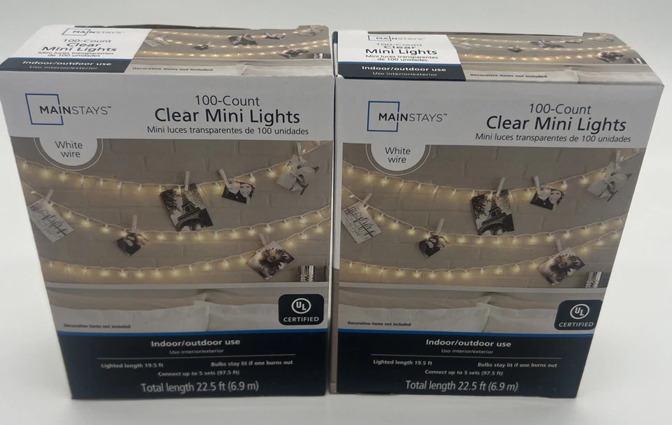 Lote de 2 mini luces transparentes Mainstays 100 unidades cable blanco interior/exterior 22,5’ Foto 1 de 3