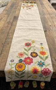 Pier 1 EMBROIDERED MOROCCAN 71x13” Table Runner: Pom Pom Tassels Beads Flowers - Picture 1 of 12
